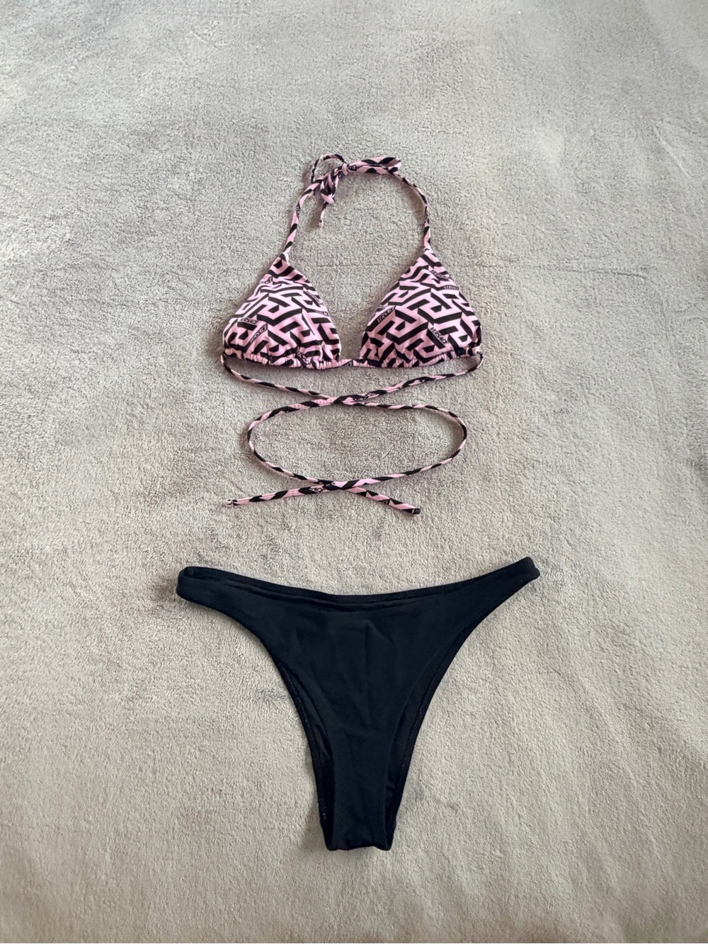 Versace Women's Pink Patterned Triangle Bikini Top with Black Bottom Size S